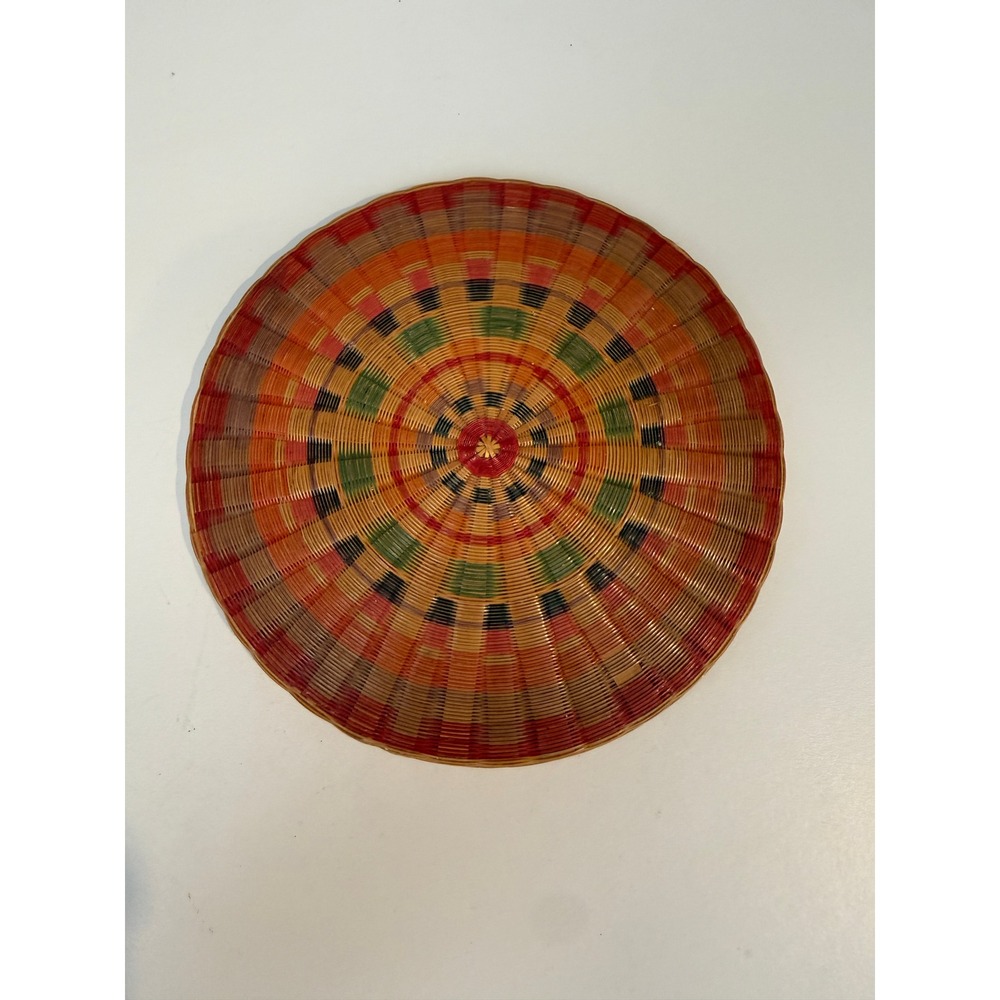 Vintage Hand Woven Wicker Trivet 6 Inch Geometric Sunburst Boho Decor